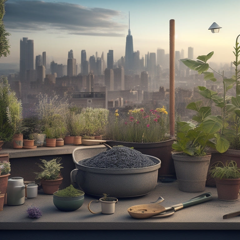 A whimsical illustration of a city rooftop garden, with a wilting plant in the foreground, surrounded by scattered gardening tools, a broken trellis, and a forgotten watering can, set against a misty urban skyline.
