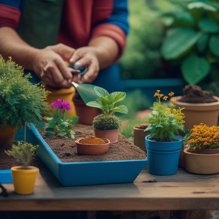 A colorful, well-lit, and neatly arranged scene featuring a person's hands holding a small block planter, surrounded by blocks, plants, soil, and gardening tools on a wooden workbench.