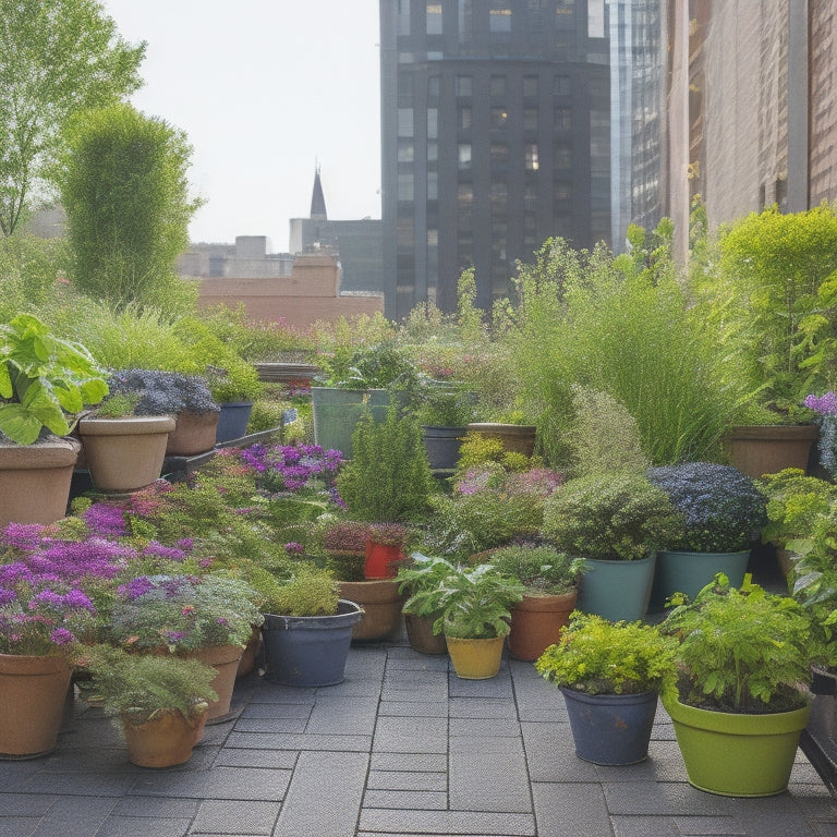 A bustling rooftop garden with lush green vegetables, vibrant flowers, and a variety of colorful pots, surrounded by 10 distinct, uniquely shaped organic fertilizer bags or containers.