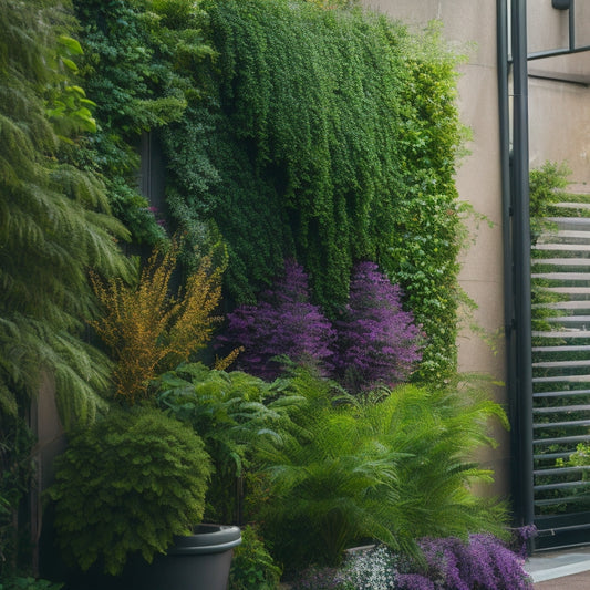 A vibrant, lush, and thriving vertical garden with a trellis, overflowing with varied greenery, colorful flowers, and vines, set against a modern, sleek, gray cityscape background.