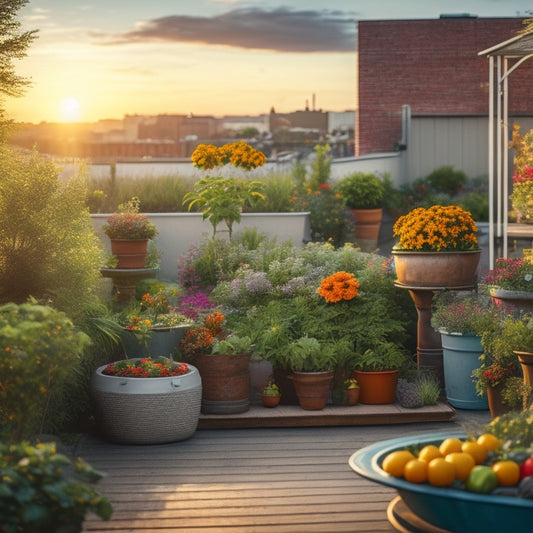 A serene rooftop garden scene at sunset with a mix of vibrant flowers, lush greenery, and vegetables, featuring marigolds and tomatoes, basil and peppers, surrounded by rustic wooden planters and a tranquil water feature.