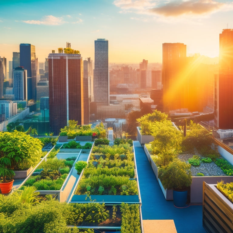 An aerial view of a lush, thriving rooftop garden, with rows of vibrant green hydroponic plants, sleek modern planters, and a cityscape backdrop, with sunlight casting a warm glow.