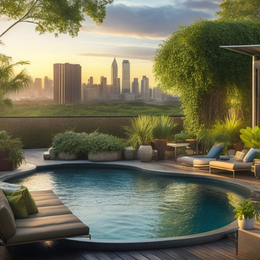 A serene rooftop oasis at sunset, featuring a lush greenery wall, a curved wooden pergola, and a small pool with a waterfall, surrounded by sleek lounge chairs and a cityscape in the background.