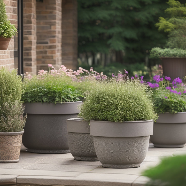 A serene outdoor setting with a mix of modern and rustic cinder planter boxes in various shapes and sizes, surrounded by lush greenery, flowers, and vines, on a natural stone patio.