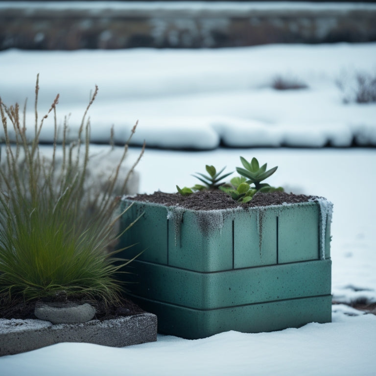 A broken, waterlogged cinder block planter with a withered, dead plant next to a drained, clean planter with a thriving, green plant, both set against a frosty winter background.