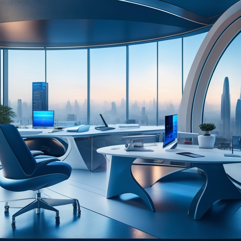 A futuristic, modern architectural studio with sleek desks and minimalist chairs, surrounded by blueprints and 3D models, featuring a large, curved screen displaying a cityscape with various roof designs and styles.