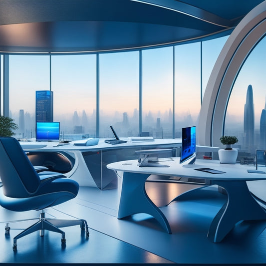 A futuristic, modern architectural studio with sleek desks and minimalist chairs, surrounded by blueprints and 3D models, featuring a large, curved screen displaying a cityscape with various roof designs and styles.