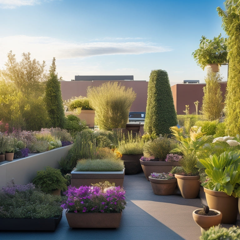 A lush, verdant rooftop garden with a mix of vibrant flowers, leafy greens, and succulents, surrounded by sleek, modern planters and trellises, with a warm, sunny sky in the background.