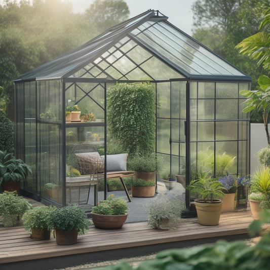 A serene rooftop oasis featuring a compact, hexagonal DIY greenhouse kit with transparent polycarbonate panels, surrounded by lush greenery, potted plants, and a rustic wooden trellis.