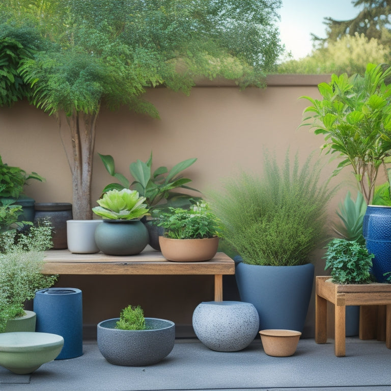 A serene outdoor setting featuring a variety of concrete planters in different shapes, sizes, and styles, surrounded by lush greenery and a few scattered gardening tools.