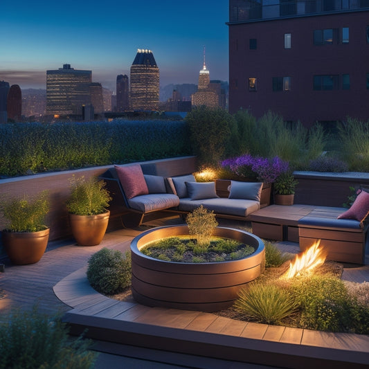 A serene urban rooftop garden with built-in seating, featuring a sleek, curved bench surrounded by lush greenery, vibrant flowers, and a chic, modern fire pit under a starry night sky.