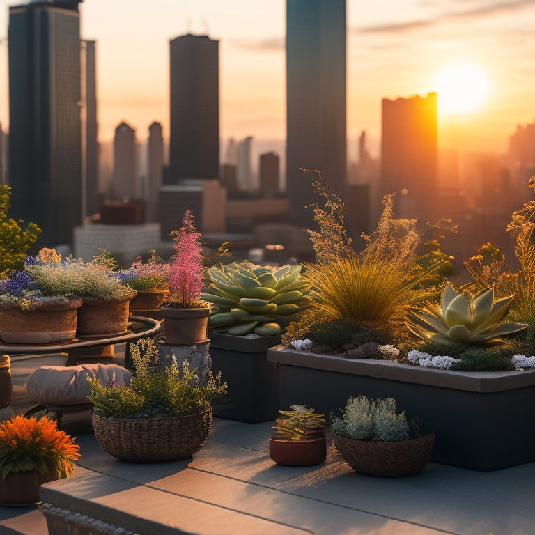 A serene rooftop oasis with lush greenery, overflowing planters, and a mix of succulents and wildflowers, surrounded by sleek city skyscrapers and a warm sunset glow.