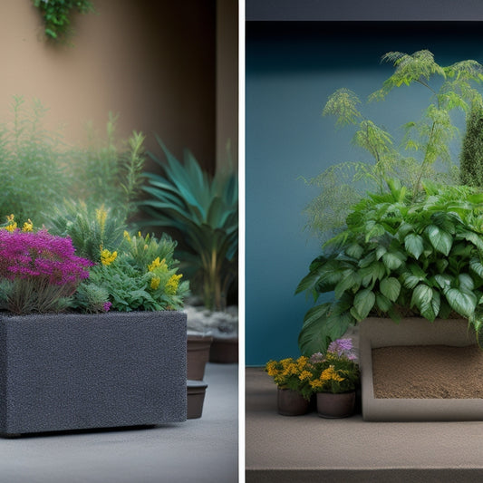 A split-screen image: a withered, cracked cinder block planter on the left, surrounded by dry soil and wilted plants, and a lush, vibrant planter on the right, with greenery overflowing and a subtle irrigation system visible.