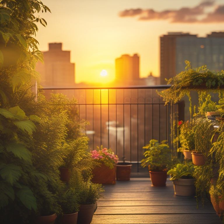 A lush, thriving vertical garden on a city balcony, with a mix of greenery, flowering plants, and vines cascading down a wooden trellis, set against a blurred urban skyline at sunset.