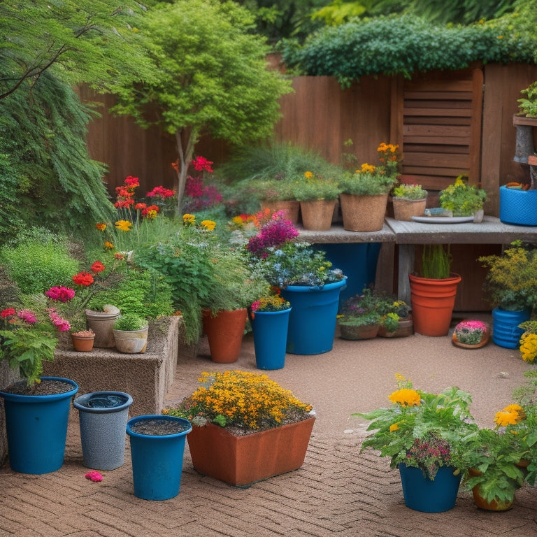 A messy backyard patio with multiple cinder block planters of varying sizes, some overflowing with plants, others looking empty and sparse, surrounded by scattered gardening tools and measuring tapes.