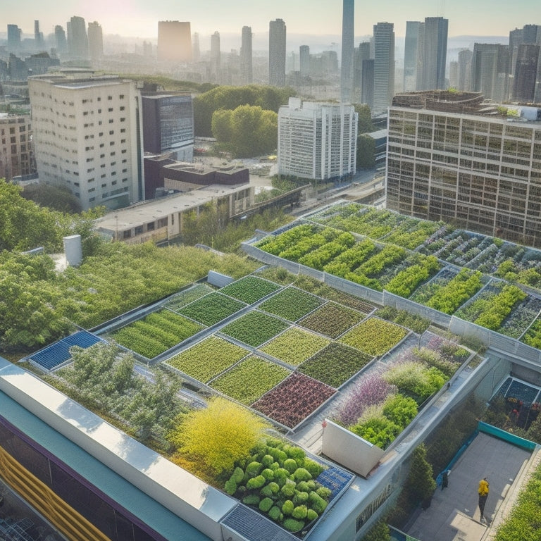 An aerial view of a school rooftop with a vibrant, lush hydroponic garden, featuring a variety of thriving plants, trellises, and sleek, modern hydroponic systems amidst a backdrop of city skyscrapers.
