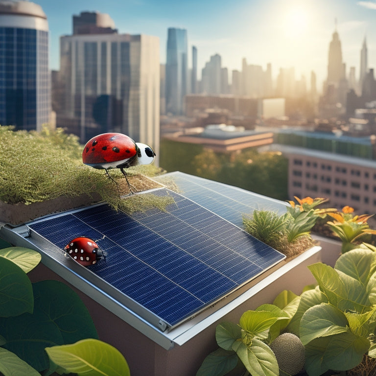 An illustration of a rooftop garden with lush greenery, featuring a ladybug perched on a leaf, a bird nesting in a solar panel, and a few strategically placed copper tape strips, surrounded by a subtle cityscape.