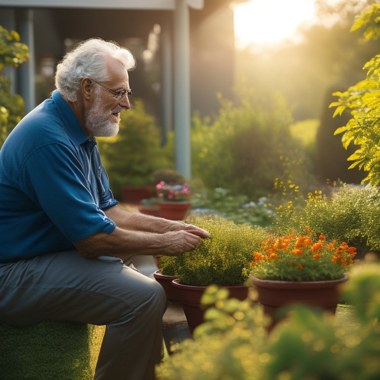 An older adult, surrounded by lush greenery, gently tending to a thriving rooftop garden filled with vibrant flowers, herbs, and vegetables, amidst comfortable seating and accessible planters.