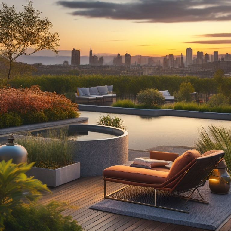 A serene rooftop oasis with lush greenery, a small pond, and a few sleek lounge chairs, set against a warm sunset backdrop with a cityscape in the distance, showcasing smart design on a budget.