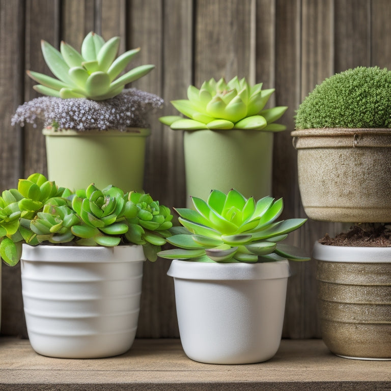 A vertical garden with 5-7 small, rounded, white ceramic containers, each containing a different species of succulent, attached to a wooden or metal trellis against a light-gray background.