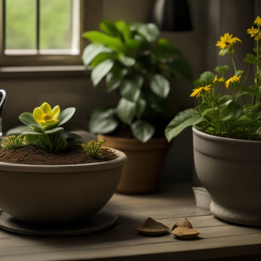A close-up of a planter on a bathroom counter, with a small bathroom scale in front of it, surrounded by scattered potting soil and a few lost flowers.