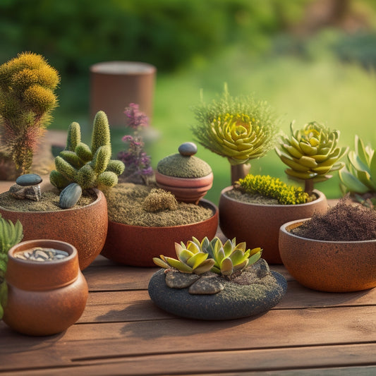 A whimsical outdoor setting with multiple small cinder planters in various shapes and sizes, each uniquely decorated with moss, succulents, pebbles, and tiny decorative objects on a rustic wooden table.