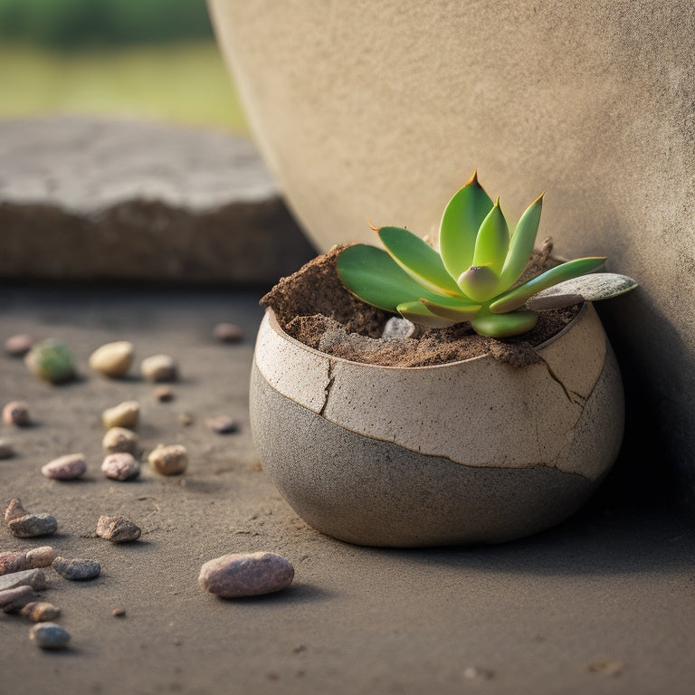 An image of a cracked concrete planter with a small, wilting succulent, surrounded by fine cracks and fissures, with a subtle gradient of moisture stains in the background.