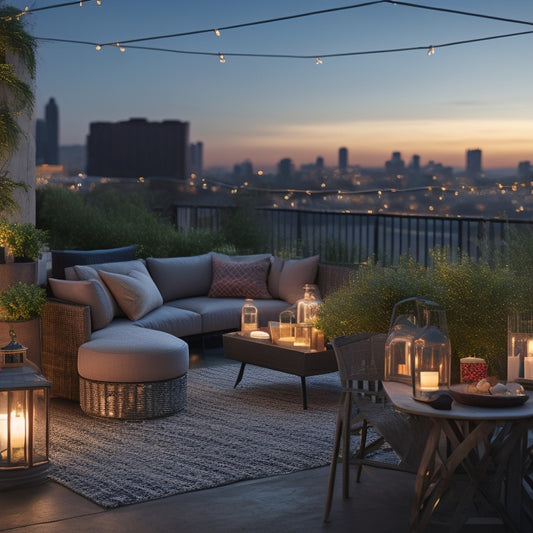 A serene rooftop oasis at dusk, illuminated by string lights and lanterns, with lush greenery, a comfortable seating area, and a cityscape view in the background.