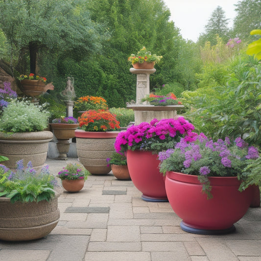 A serene outdoor space with a natural stone patio, surrounded by lush greenery, featuring three tiered, vibrant, and uniquely shaped painted planters in bold colors, overflowing with blooming flowers.