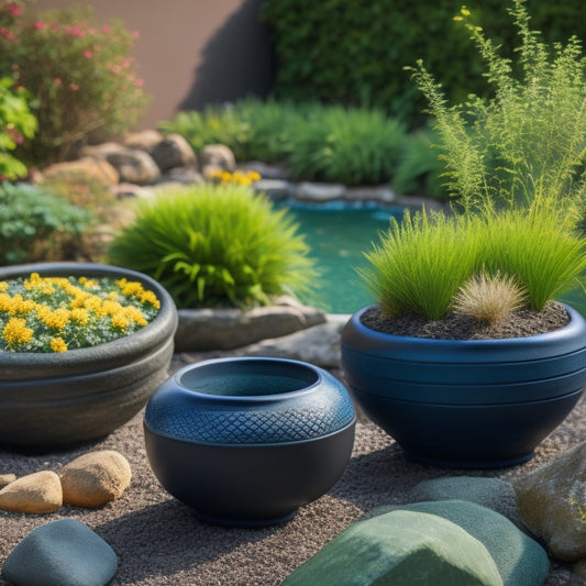 A serene garden scene featuring three planters with different drainage solutions: one with holes in the bottom, another with a built-in water reservoir, and the third with a layer of small rocks and activated charcoal.