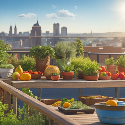 A vibrant, lush rooftop garden with a variety of thriving organic fruits and vegetables, surrounded by a sturdy wooden railing, overlooking a bustling cityscape with a clear blue sky.