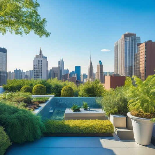 A rooftop oasis in a bustling metropolis, with lush greenery cascading from sleek, modern planters, surrounded by skyscrapers and city streets, under a bright blue sky with fluffy white clouds.