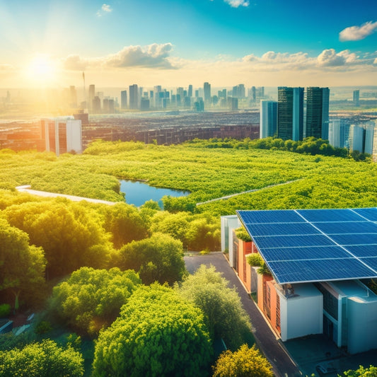 An aerial view of a cityscape with several buildings featuring lush green roofs, covered in a mix of verdant vegetation and solar panels, surrounded by a bright blue sky with fluffy white clouds.