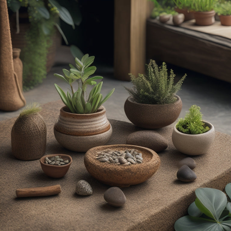 A rustic wooden table with three small, differently-shaped terracotta pots, each containing a unique, lush green plant, surrounded by scattered pebbles and a few decorative twigs.
