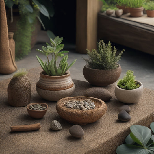 A rustic wooden table with three small, differently-shaped terracotta pots, each containing a unique, lush green plant, surrounded by scattered pebbles and a few decorative twigs.