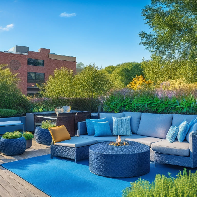 A serene rooftop oasis with lush greenery, vibrant flowers, and a mix of seating areas, including a statement fire pit, surrounded by sleek railings and modern outdoor furniture, under a clear blue sky.