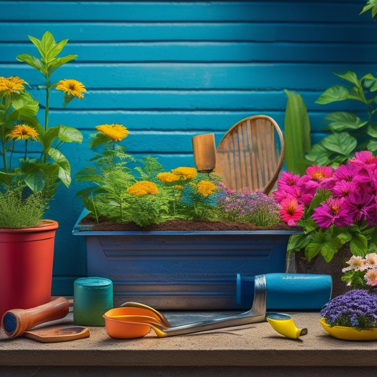 A colorful, well-lit image featuring a thriving cinder block planter with lush greenery and vibrant flowers, surrounded by essential gardening tools like trowels, gloves, and a watering can.