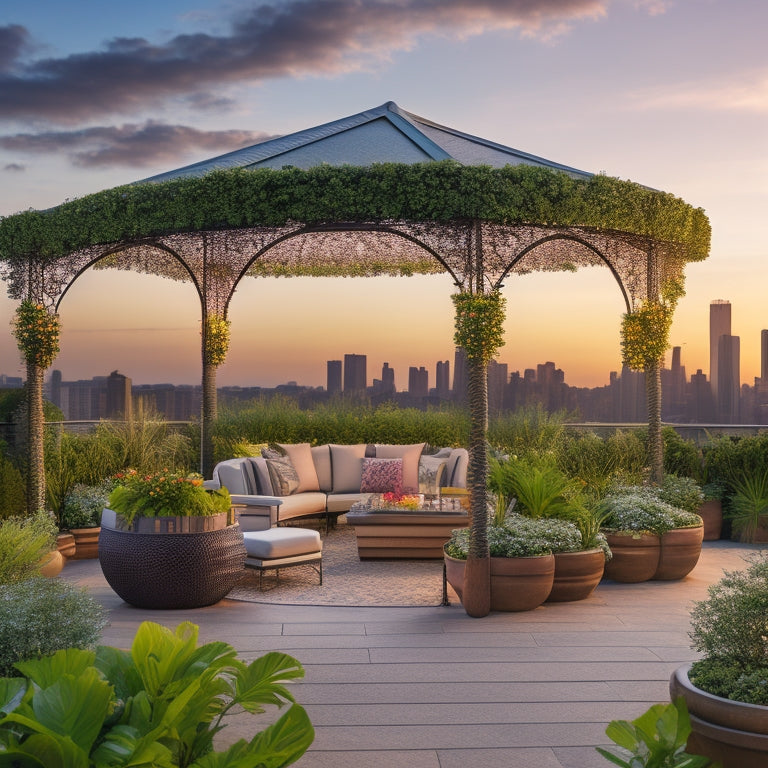 A serene rooftop garden featuring a gazebo-inspired pergola with lush greenery, vibrant flowers, and a statement chandelier, surrounded by sleek outdoor furniture and a cityscape background at sunset.