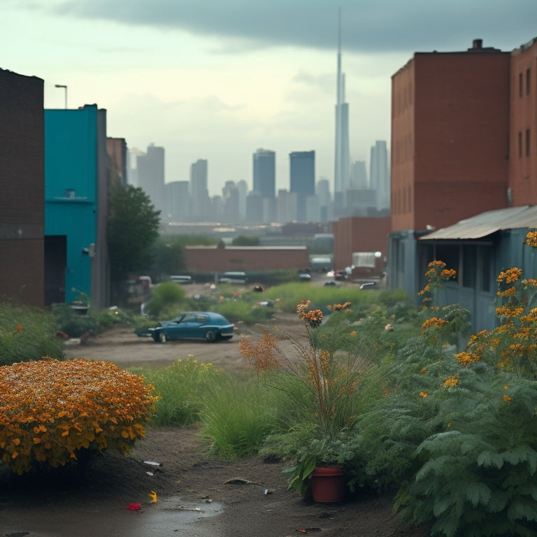 A gritty, overcast cityscape with a small, struggling garden in the foreground, surrounded by exhaust-spewing cars, factories, and trash-filled alleys, with wilted plants and dying flowers.