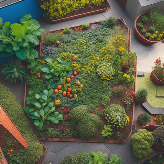 An overhead shot of a lush, thriving rooftop garden with a variety of colorful vegetables, surrounded by natural pest control elements such as ladybugs, bees, and a few strategically placed copper tape strips.
