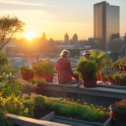 A serene rooftop garden scene at sunset, with senior citizens tending to lush, thriving hydroponic plants, surrounded by modern urban architecture and a cityscape in the background.