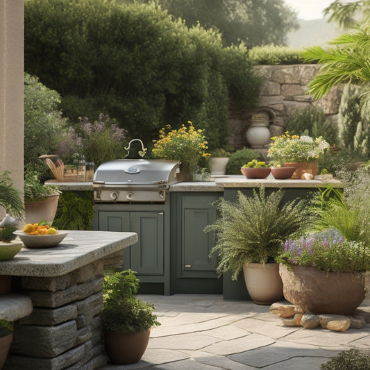 A serene outdoor kitchen scene with lush greenery surrounding a large stone island, a few potted plants with vibrant flowers on the countertops, and a blurred background of a sunny patio.