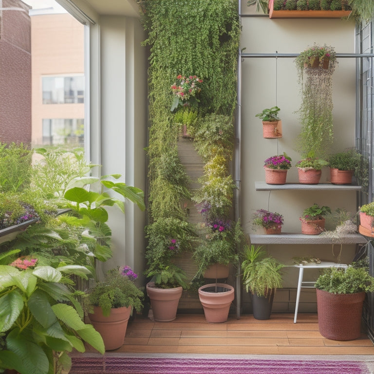 An image of a small apartment balcony transformed into a lush oasis, with a trellis supporting climbing vines, tiered planters, and a wall-mounted garden, overflowing with vibrant greenery and colorful blooms.