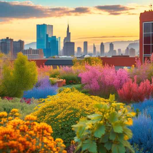 A lush, vibrant rooftop garden overflowing with diverse native plants, bees buzzing around colorful blooms, and a subtle cityscape in the background, with a few puffy white clouds in a bright blue sky.