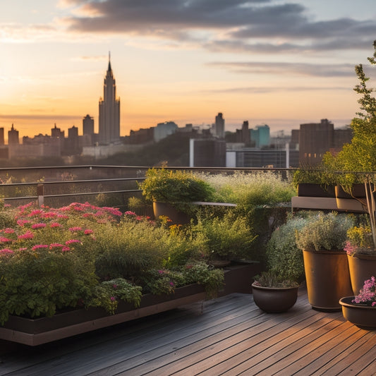 A serene rooftop garden in a bustling city, with a mix of lush greenery, vibrant flowers, and sleek modern planters, surrounded by a rusted metal railing and a distant cityscape at sunset.
