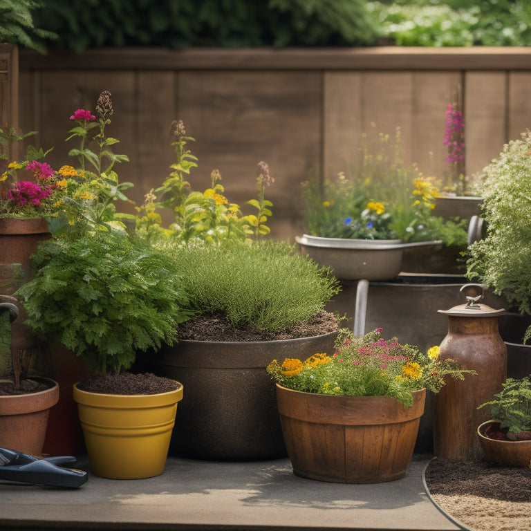 A serene garden scene featuring a wooden planter box filled with lush greenery and vibrant flowers, surrounded by various gardening tools, such as a trowel, pruners, and a watering can.