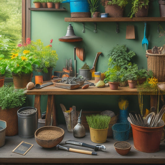 A cluttered, yet organized, workbench with a variety of gardening tools, including a trowel, pruners, gloves, and a watering can, surrounded by potted plants and a few scattered seeds.