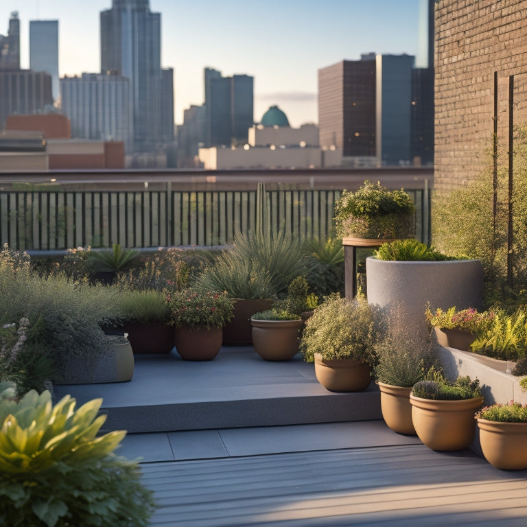 A serene rooftop garden with a mix of rectangular and circular planters, trellises, and a small seating area, surrounded by a lush greenery backdrop and a cityscape in the distance.