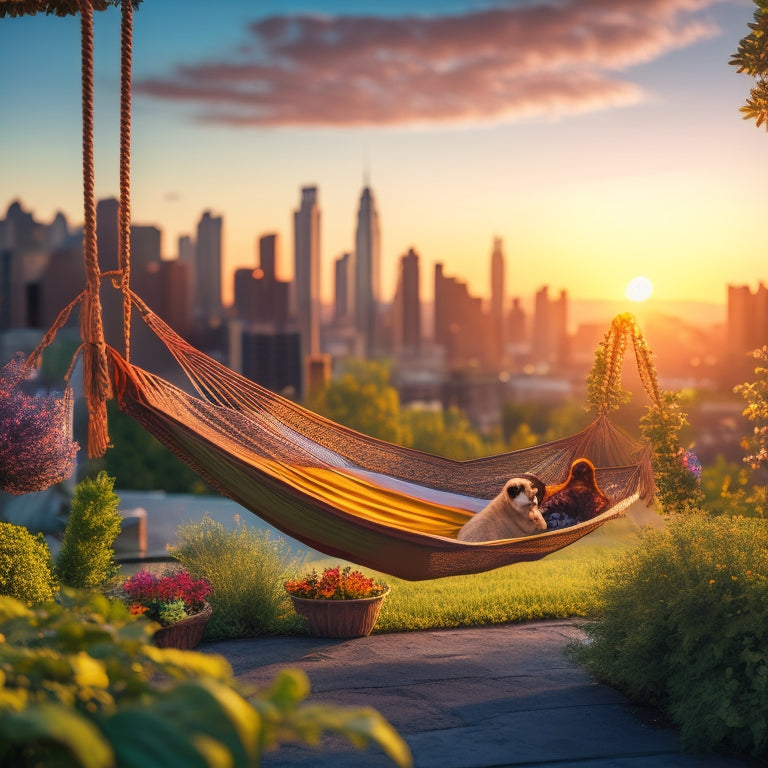 A serene rooftop garden scene at sunset with lush greenery, vibrant flowers, and a hammock, surrounded by a cityscape in the background, with a few birds flying overhead.