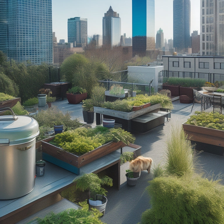 A bustling urban rooftop featuring a lush green roof with vertically-stacked planters, a hydroponic system, and a beehive, surrounded by a thriving garden and a small outdoor kitchen area.